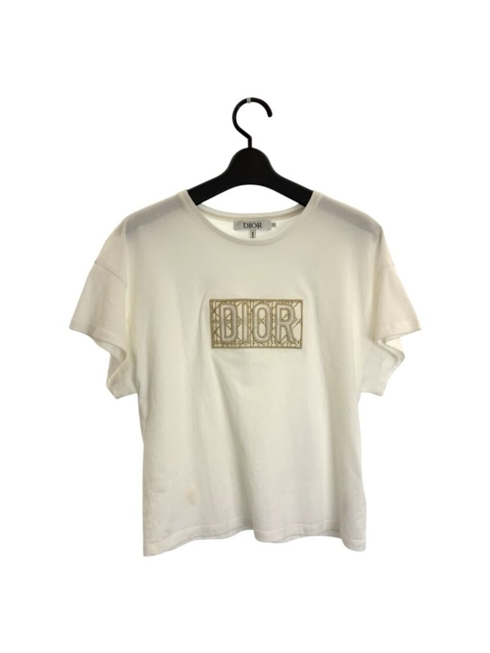 Dior Cannage Embroidery White Gold Cotton Short Sleeve T-Shirt Crew